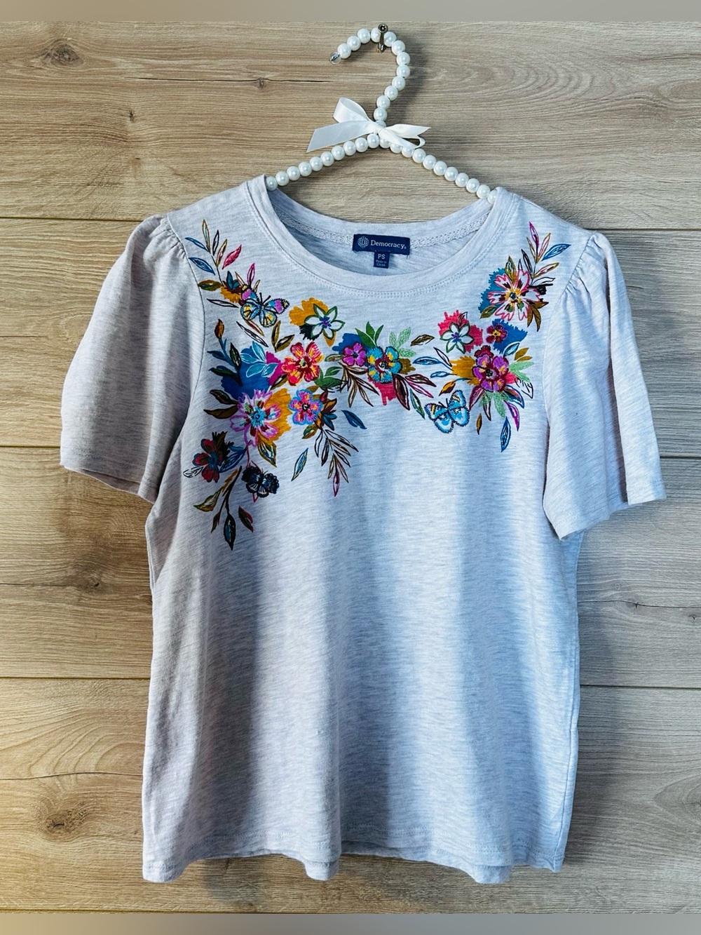 Democracy Ivory Tee with Multicolor Floral Embroidery
